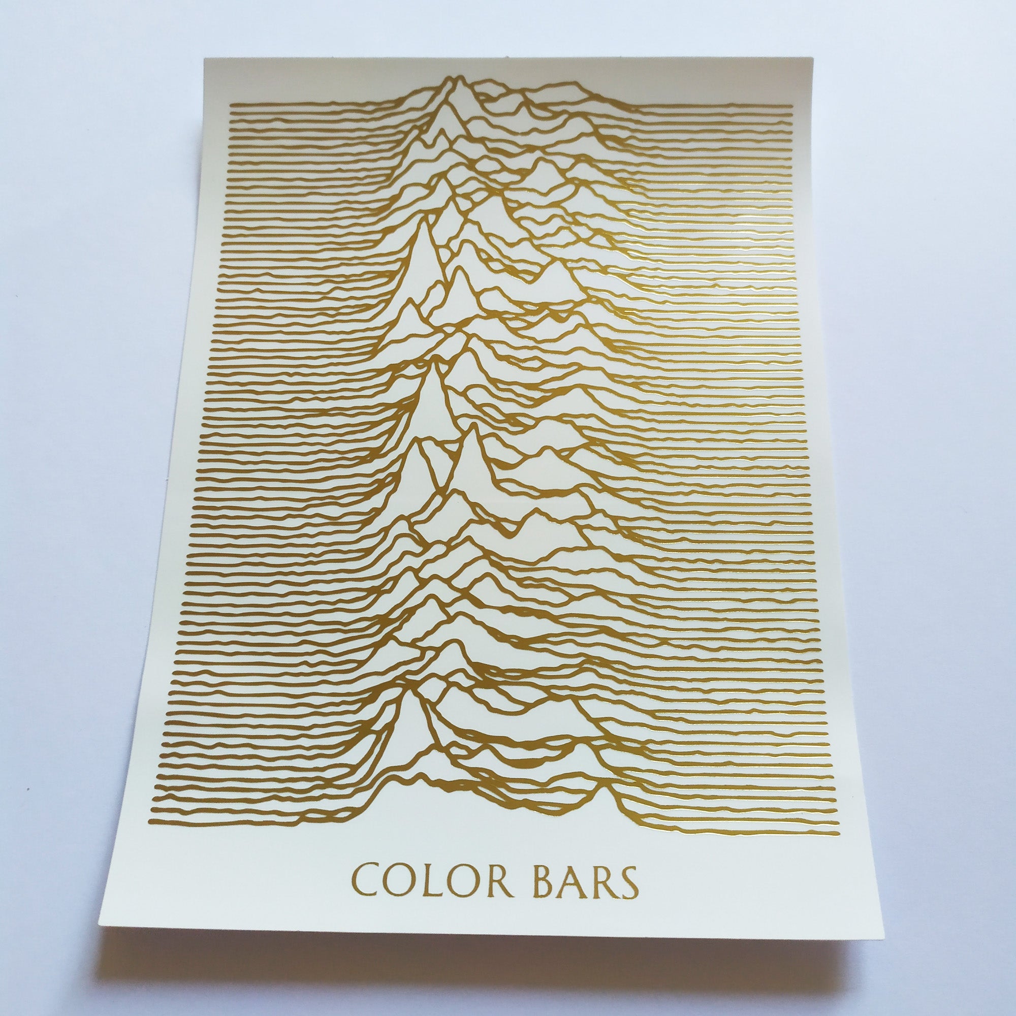 Color Bars X Joy Division "Unknown Pleasures" White/Gold Skateboard Sticker - SkateboardStickers.com