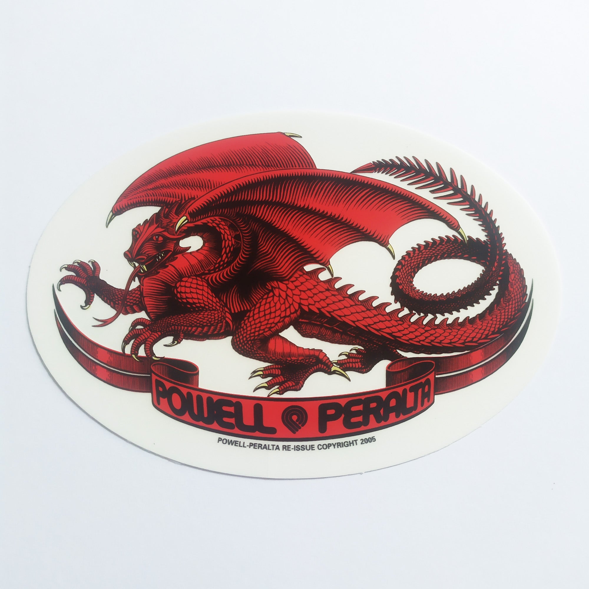 Powell Peralta, "Oval Dragon" Skateboard Sticker in Red. 13cm x 9cm approx